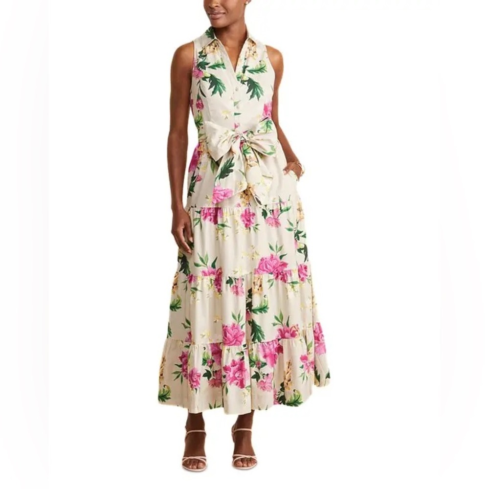 Vineyard Vines Kentucky Derby Cream Maxi Dress with Pink & Green Floral Print